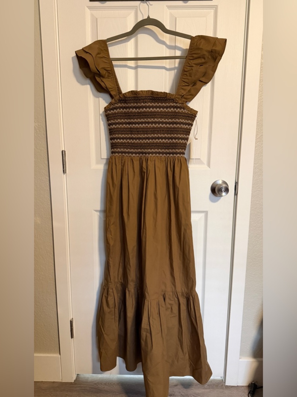 Moon River Smocked Midi Dress Size S Brown Ruffle Strap Cottagecore Romantic - Picture 2 of 7